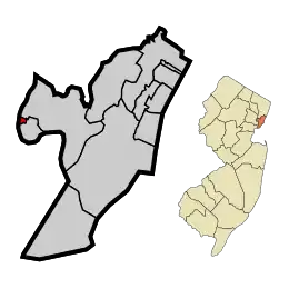 Map highlighting East Newark within Hudson County. Inset: Location of Hudson County highlighted in the State of New Jersey.