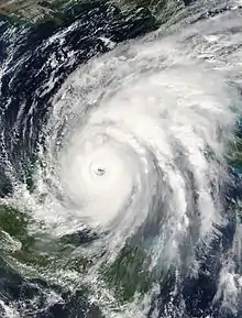 Satellite image of Wilma with an expansive area of rainbands to its east and northeast