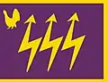 The traditional colour of Itä-Suomen Viestipataljoona (Eastern Finland Signals Battalion), part of Karelia Brigade, has the branch colours of signals corps: purple and gold. The device featuring Western Capercaillie is a throwback to the earlier designation as Central Finland Signals Battalion. The main device, the three lightning bolts, is symbolic of communication.