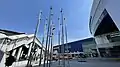Closeup of the fountain, Romero Rubio metro station entrance, and IKEA