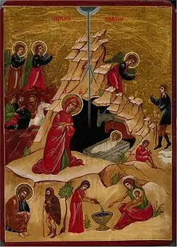 Modern Romanian icon, with very similar iconography to Rublev, but a few Western elements, like the kneeling Virgin.