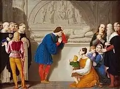 Ludovico weeps over the tomb of his wife Beatrice, Giovanni Battista Gigola, c. 1815, Pinacoteca Ambrosiana. The friars of S. Maria delle Grazie assist on the left, on the right the two orphans Ercole Massimiliano and Francesco with their respective nurses, as well as Bramante and Leonardo.