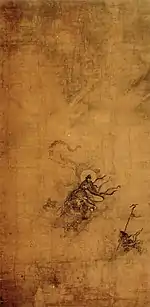 Ma Yuan, Immortal Riding a Dragon, Chinese: 神仙御龍圖, ink and light colors on silk, height: 108.1&nbsp;cm (42.5&nbsp;in), width: 52.6&nbsp;cm (20.7&nbsp;in), hanging scroll, Southern Song Dynasty, early 13th century. Collected by National Palace Museum, Taipei.