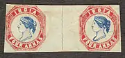 Two four anna stamps issued in 1854.  Stamps were issued for the first time for all of British India in 1854. The lowest denomination was .mw-parser-output .frac{white-space:nowrap}.mw-parser-output .frac .num,.mw-parser-output .frac .den{font-size:80%;line-height:0;vertical-align:super}.mw-parser-output .frac .den{vertical-align:sub}.mw-parser-output .sr-only{border:0;clip:rect(0,0,0,0);clip-path:polygon(0px 0px,0px 0px,0px 0px);height:1px;margin:-1px;overflow:hidden;padding:0;position:absolute;width:1px}1⁄2 anna blue, followed by 1 anna red, and 4 annas blue and red. The stamps were printed from lithographic stones at the Surveyor-General's Office in Calcutta.
