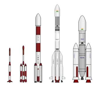 Comparison of Indian carrier rockets. Left to right: SLV, ASLV, PSLV, GSLV, LVM 3