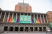 City Hall with colors of the month of diversity.