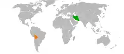 Map indicating locations of Iran and Bolivia