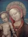 Virgin of Humility, adored by a prince of the House of Este by Jacopo Bellini, 1440, with pseudo-Kufic mantle hem, but halo in Roman script. Louvre Museum.
