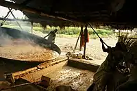 Transferring boiled sugarcane juice into vessel to dry.