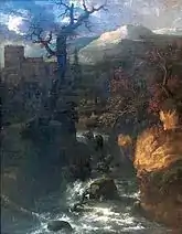 Jan van Kessel, Landscape with a Waterfall and a Castle.