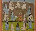 Janamsakhi painting showing Guru Nanak's dialogue with Sant Ren and feeding the hungry ascetics during the Sacha Sauda episode.