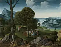 Landscape with St John the Baptist Preaching, oil on oak, 36.5 × 45&nbsp;cm (14.1 × 17.1 in), Royal Museums of Fine Arts of Belgium