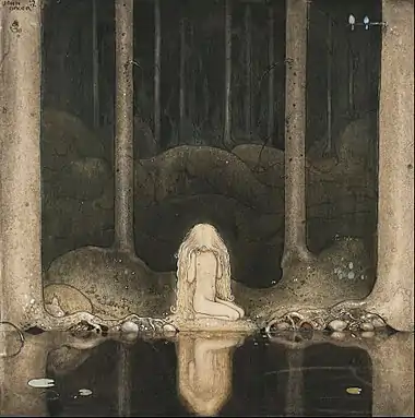 Image 7Illustration by John BauerPainting: John BauerA watercolor illustration by John Bauer (1882–1918) titled "Still, Tuvstarr sits and gazes down into the water", which accompanied Helge Kjellin's fairy tale "The Tale of the Moose Hop and the Little Princess Cotton Grass" in the 1913 edition of Among Gnomes and Trolls. In this scene, Tuvstarr looks for her lost heart in a tarn, symbolizing innocence lost.Born and raised in Jönköping, Sweden, Bauer moved to Stockholm at age 16 to study at the Royal Swedish Academy of Fine Arts. He painted and illustrated in a romantic nationalistic style, in part influenced by the Italian Renaissance and Sami cultures. Most of his works are watercolors or prints in monochrome or muted colours; he also produced oil paintings and frescos.More selected pictures