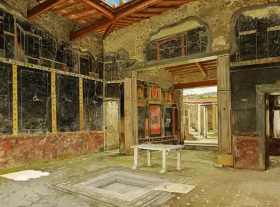 Atrium tuscanicum, no pillars. View towards the tablinum. Note the cartibulum (stone table) with unusually simple legs, the impluvium (dry), and the circular (covered) hole giving access to the cistern, just to the right of the impluvium. House of Marcus Lucretius Fronto, Pompeii (another view)