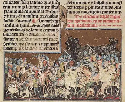Attila’s battle with the Romans at Zeiselmauer, a golden flag decorated with a Turul stands out from the picture (Chronicon Pictum, 1358)