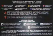 Museum sign shows distinguishing emblems used at Auschwitz.