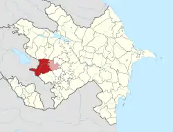 Map of Azerbaijan showing Kalbajar District (red) with parts controlled by the self-proclaimed Republic of Artsakh (light red)