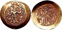 Coin in the name of Kidara, with legend "βαγο Κιδαρο οοζορκο κοþανοþαο" "Kidara, the great Kushanshah". Type 6A-D. Coin type found in Tepe Maranjan, dated to before 388 CE.