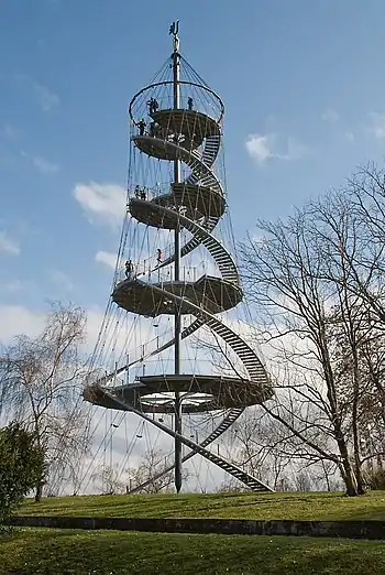 The Killesberg Tower uses doubly ruled hyperboloid tensegrity cables to solidify its structure, Stuttgart, Germany, 2001.