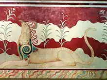 Griffin couchant (lying down) facing throne