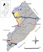 Map of Knowlton Township in Warren County. Inset: Location of Warren County in New Jersey.