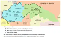 Image 1A map of the northern part of the Habsburg Kingdom of Hungary in 1850, showing the two military districts which had administrative centres in the territory of present-day Slovakia (from History of Slovakia)