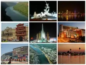 Clockwise from top: Aerial view of Chambal River, Ghatotkachh Circle, Seven Wonders Park, Bansal Classes, Jagmandir Palace, Aerial view of a part of Kota, City Mall, Garh Palace, Aerodrome Circle.