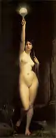 Oil painting of a naked woman standing, facing the viewers. Her right hand extends above her head, holding a golden mirror, her left hand seems to be holding a stick or staff, and her right leg is bent, shifting weight onto her left hip.