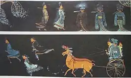A lacquerware painting from the Jingmen Tomb (荊門楚墓; Jīngmén chǔ mù) of the State of Chu (704–223&nbsp;BC), depicting men wearing precursors to Hanfu (i.e. traditional silk dress) and riding in a two-horsed chariot