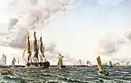 Linieskibet "Valdemar" krydser Sundet ind for en frisk bramsejlskuling (1856)