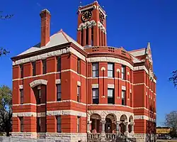 Lee County Courthouse in Giddings, near Austin, was built in 1899, designed in the Richardsonian Romanesque style.
