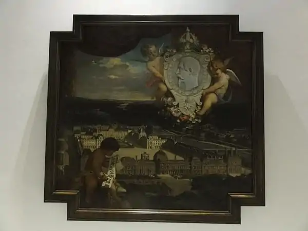 Celebratory tapestry cartoon showing the expanded Louvre between a cherub holding a ribbon inscribed with "LE LOUVRE DE NAPOLEON III" (lower left) and two angels holding the emperor's profile (upper right), by Victor Chavet&nbsp;[fr] (1857); now at the Louvre