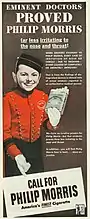"We claim no curative powers for Phillip Morris" say this 1943 ad featuring actor Johnny Roventini, in the small text.