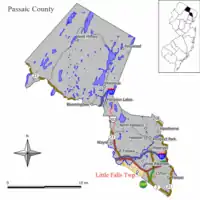 Map of Little Falls in Passaic County. Inset: Location of Passaic County highlighted in the State of New Jersey.