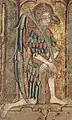 The Annunciation from the Llanbeblig Book of Hours (late 14th century), showing Gabriel kneeling on one knee.