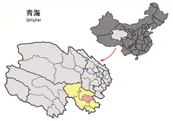 Gadê / Gande County (light red) within Golog Prefecture (yellow) and Qinghai