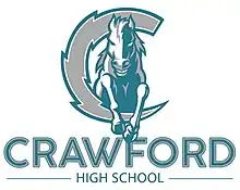 A cyan and gold image of a cartoon horse leaping through a C-shaped lightning bolt with the words "CRAWFORD HIGH SCHOOL" below