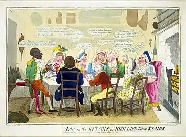 A group of servants gathered in a kitchen, ape the manners of their employers.