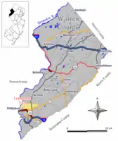Map of Lopatcong Township within Warren County, New Jersey. Inset: Location of Warren County, New Jersey within New Jersey.