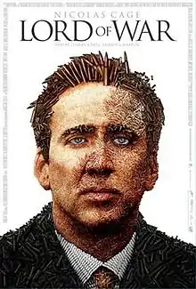 A mans face, the image is made from a collage of ammunition
