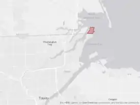 Southeastern Michigan and northwestern Ohio with the Lost Peninsula area highlighted in red