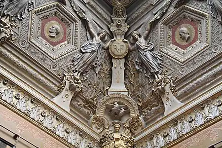 Neoclassical - Sculpted decoration on the ceiling of the Salon des Sept cheminées, Louvre Palace, Paris, by Francisque Duret, 1851