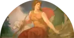 Woman in leather tunic holding bow in one arm and her other hand on a dead stag. Sitting next to her is a white hound.