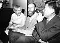 Maria Kuryluk with the Austrian painter Friedensreich Hundertwasser and a Chinese diplomat, Austrian Institute in Warsaw, ca. 1975, photographer unknown, archive of Ewa Kuryluk.