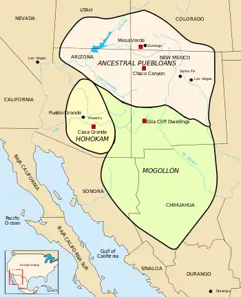 Map of Ancient Pueblo People (Anasazi) regions, including the northern Mesa Verde region and the southern Chaco Canyon region.