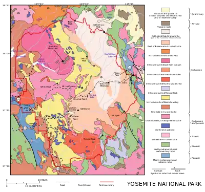 Image 13Cathedral Peak GranodioriteMap: Grandiose, based on a map by the United States Geological SurveyA geological map of Yosemite National Park (full size), showing the Cathedral Peak Granodiorite, the largest unit in the Tuolumne Intrusive Suite, which in turn is the largest granitic suite in the park. Cathedral Peak Granodiorite Rest of the Tuolumne Intrusive SuiteMore selected pictures
