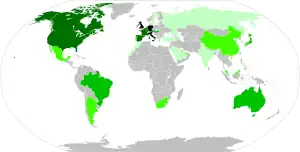 A map of the world showing countries that have held a Grand Prix in varying colours from airy green to black.