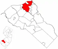 West Deptford Township highlighted in Gloucester County. Inset map: Gloucester County highlighted in New Jersey.