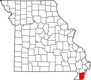 A state map highlighting Pemiscot County in the southeastern corner of the state.