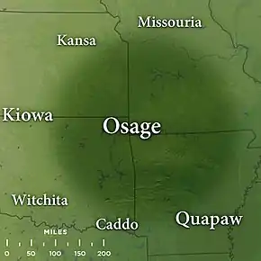 Map featuring traditional Osage lands by the late 17th century, in present-day northwest Arkansas, southeast Kansas, southwest Missouri, and northeast Oklahoma